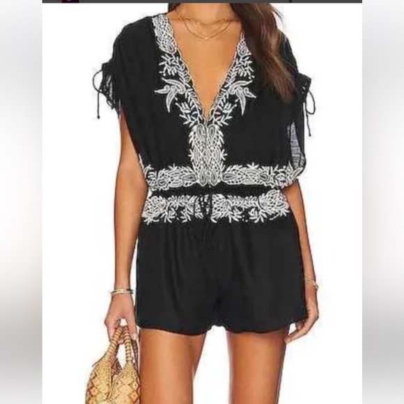 Free People Weilla Black Romper with White Floral Embroidery - Picture 1 of 7
